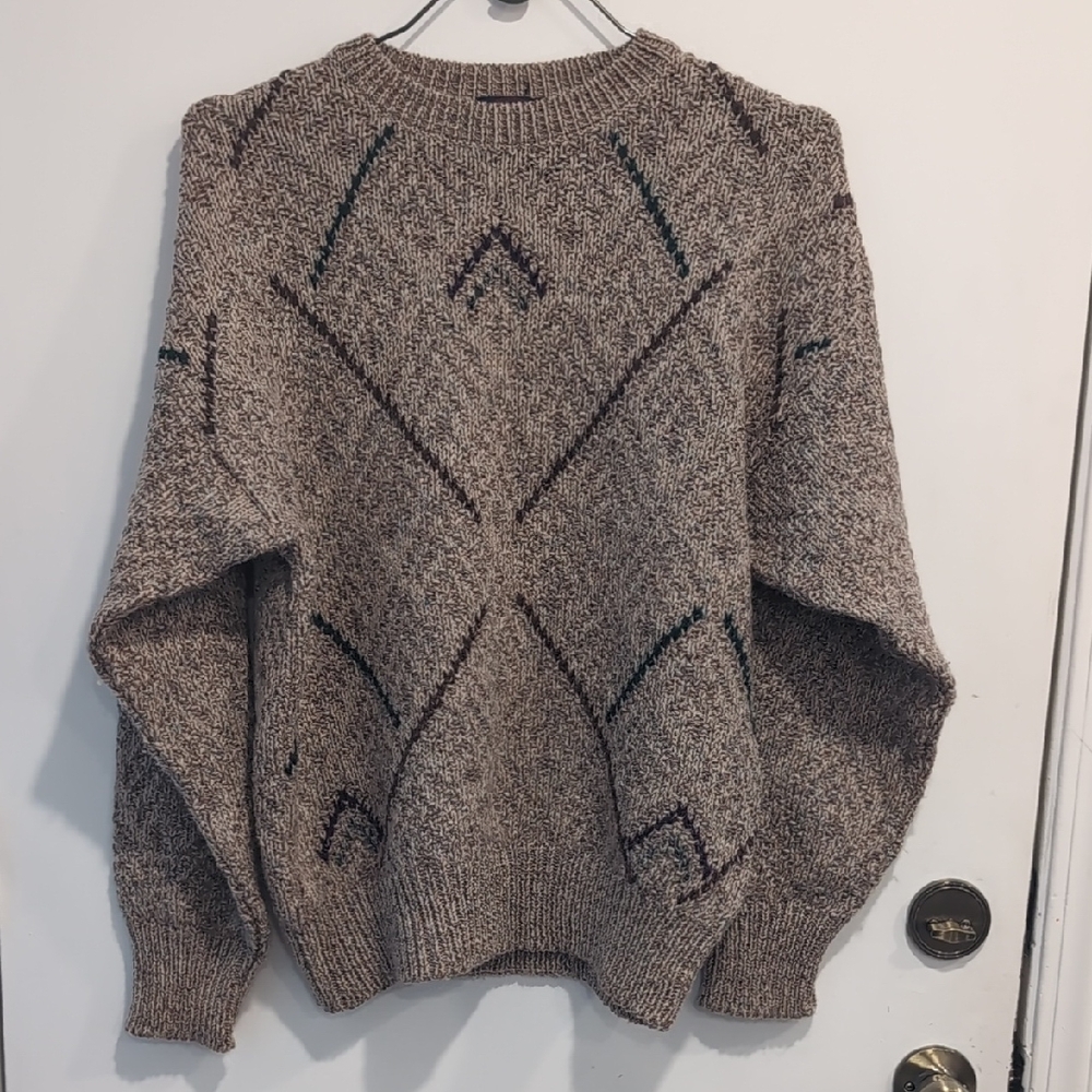 Vintage Allen Solly Virgin Chunky Wool Knit Geometric Sweater Mens Medium Brown